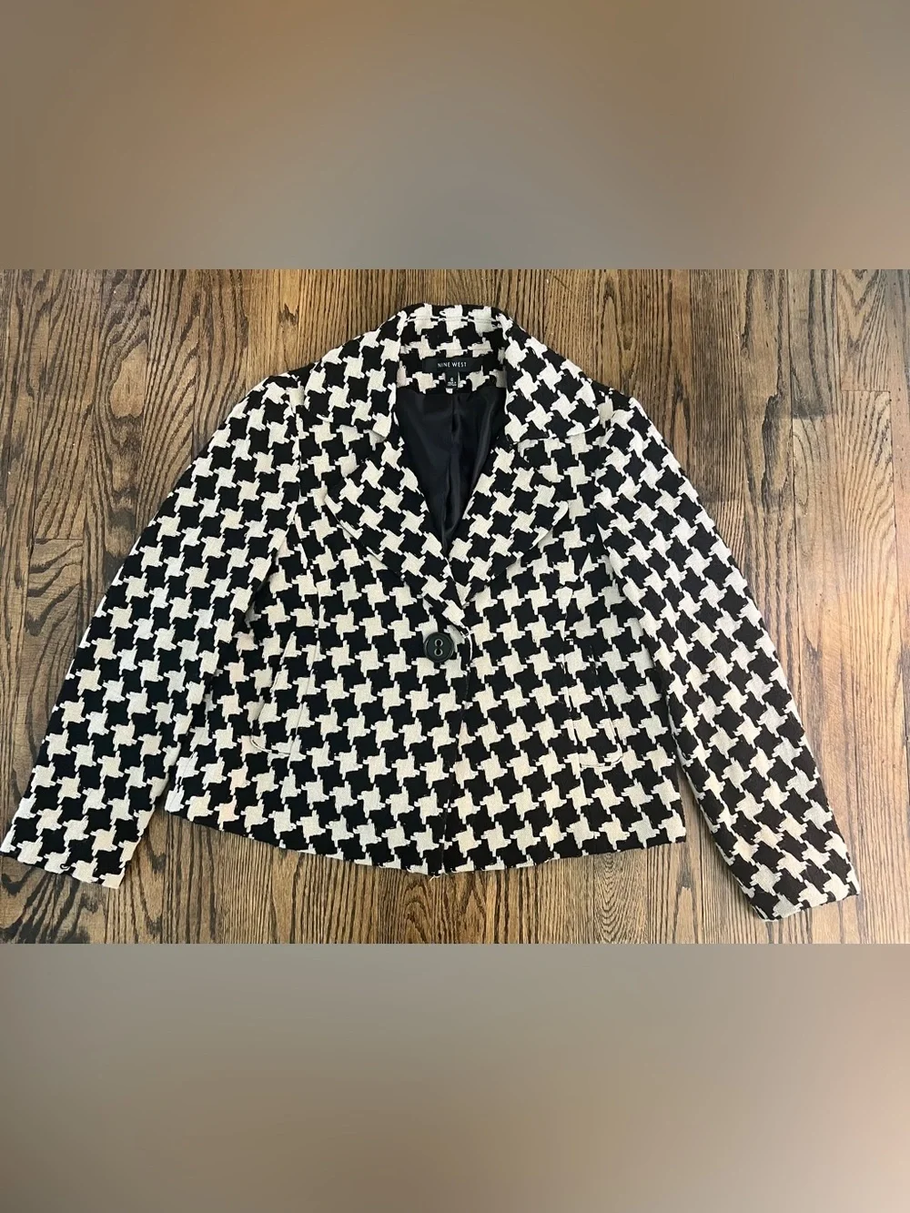 Nine West Black & White Houndstooth Cropped Wool Blend Blazer